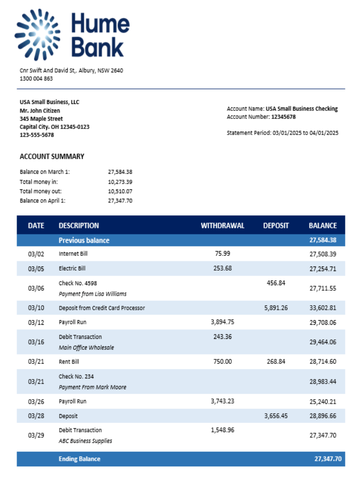 Relevé de compte d'entreprise Humebank Format Word et PDF
